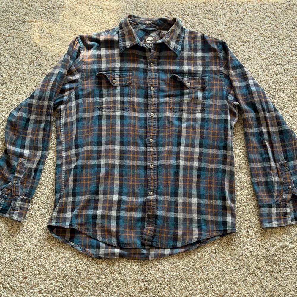 Timberland Medium Plaid Fleece Men Long Sleeve Gray Yellow Blue Wool Blend Shirt